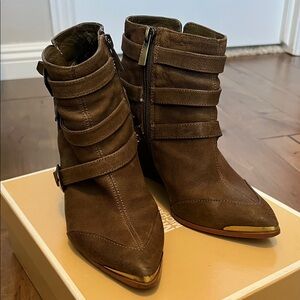 Vince Camuto Brown Suede Strappy Pointed-Toe Ankle Boots